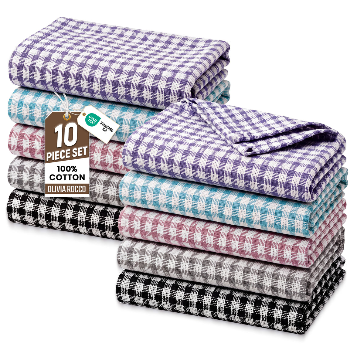 OLIVIA ROCCO Wonderdry tea towels pack of 10 made of 100% cotton, super absorbent and quick drying kitchen towels displayed together.