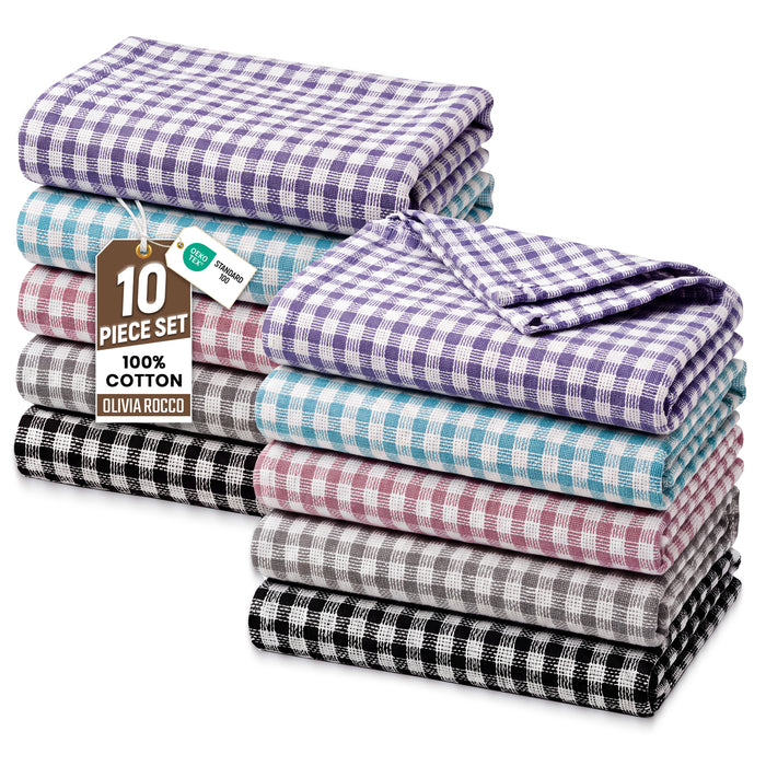 OLIVIA ROCCO Wonderdry tea towels pack of 10 made of 100% cotton, super absorbent and quick drying kitchen towels displayed together.