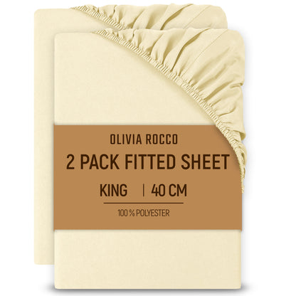 2 Pack Extra Deep Fitted Sheets 16 Inch 40cm Soft Brushed Microfibre Easy Care Bottom Sheet by OLIVIA ROCCO CREAM / KING Fitted Sheet