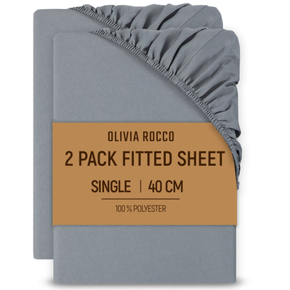 2 Pack Extra Deep Fitted Sheets 16 Inch 40cm Soft Brushed Microfibre Easy Care Bottom Sheet by OLIVIA ROCCO GREY / SINGLE Fitted Sheet