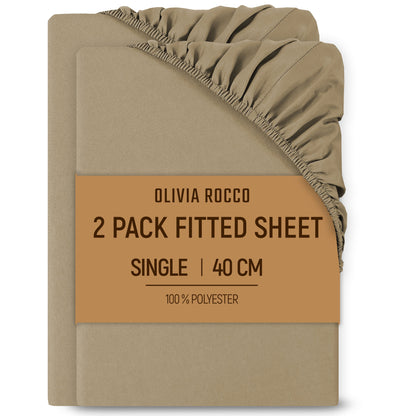 2 Pack Extra Deep Fitted Sheets 16 Inch 40cm Soft Brushed Microfibre Easy Care Bottom Sheet by OLIVIA ROCCO NATURAL / SINGLE Fitted Sheet
