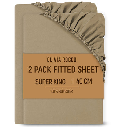 2 Pack Extra Deep Fitted Sheets 16 Inch 40cm Soft Brushed Microfibre Easy Care Bottom Sheet by OLIVIA ROCCO NATURAL / SUPER KING Fitted Sheet