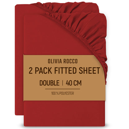 2 Pack Extra Deep Fitted Sheets 16 Inch 40cm Soft Brushed Microfibre Easy Care Bottom Sheet by OLIVIA ROCCO RED / DOUBLE Fitted Sheet