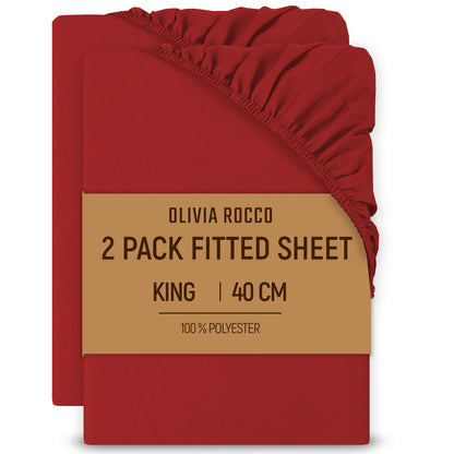 2 Pack Extra Deep Fitted Sheets 16 Inch 40cm Soft Brushed Microfibre Easy Care Bottom Sheet by OLIVIA ROCCO RED / KING Fitted Sheet