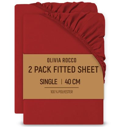 2 Pack Extra Deep Fitted Sheets 16 Inch 40cm Soft Brushed Microfibre Easy Care Bottom Sheet by OLIVIA ROCCO RED / SINGLE Fitted Sheet