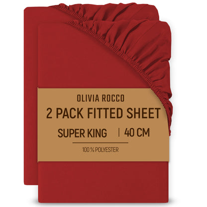 2 Pack Extra Deep Fitted Sheets 16 Inch 40cm Soft Brushed Microfibre Easy Care Bottom Sheet by OLIVIA ROCCO RED / SUPER KING Fitted Sheet