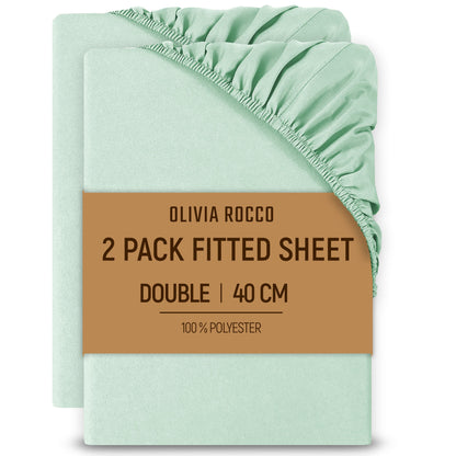 2 Pack Extra Deep Fitted Sheets 16 Inch 40cm Soft Brushed Microfibre Easy Care Bottom Sheet by OLIVIA ROCCO SAGE GREEN / DOUBLE Fitted Sheet
