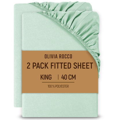 2 Pack Extra Deep Fitted Sheets 16 Inch 40cm Soft Brushed Microfibre Easy Care Bottom Sheet by OLIVIA ROCCO SAGE GREEN / KING Fitted Sheet