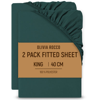 2 Pack Extra Deep Fitted Sheets 16 Inch 40cm Soft Brushed Microfibre Easy Care Bottom Sheet by OLIVIA ROCCO TEAL / KING Fitted Sheet