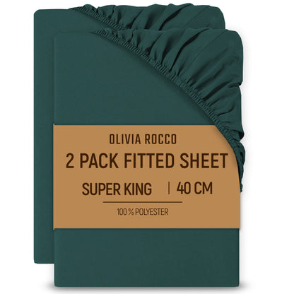 2 Pack Extra Deep Fitted Sheets 16 Inch 40cm Soft Brushed Microfibre Easy Care Bottom Sheet by OLIVIA ROCCO TEAL / SUPER KING Fitted Sheet