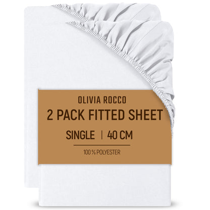 2 Pack Extra Deep Fitted Sheets 16 Inch 40cm Soft Brushed Microfibre Easy Care Bottom Sheet by OLIVIA ROCCO WHITE / SINGLE Fitted Sheet