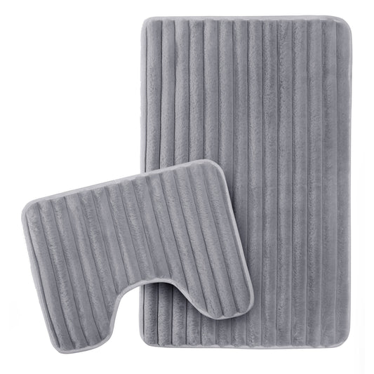 2 Piece Ribbed Bath Mat Set in Charcoal Extra Soft Non Slip Super Absorbent Bathroom & Toilet Mats Easy Care Rug by OLIVIA ROCCO CHARCOAL Bath Mat