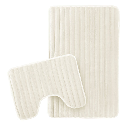 2 Piece Ribbed Bath Mat Set in Cream Extra Soft Non Slip Super Absorbent Bathroom & Toilet Mats Easy Care Rug by OLIVIA ROCCO CREAM Bath Mat