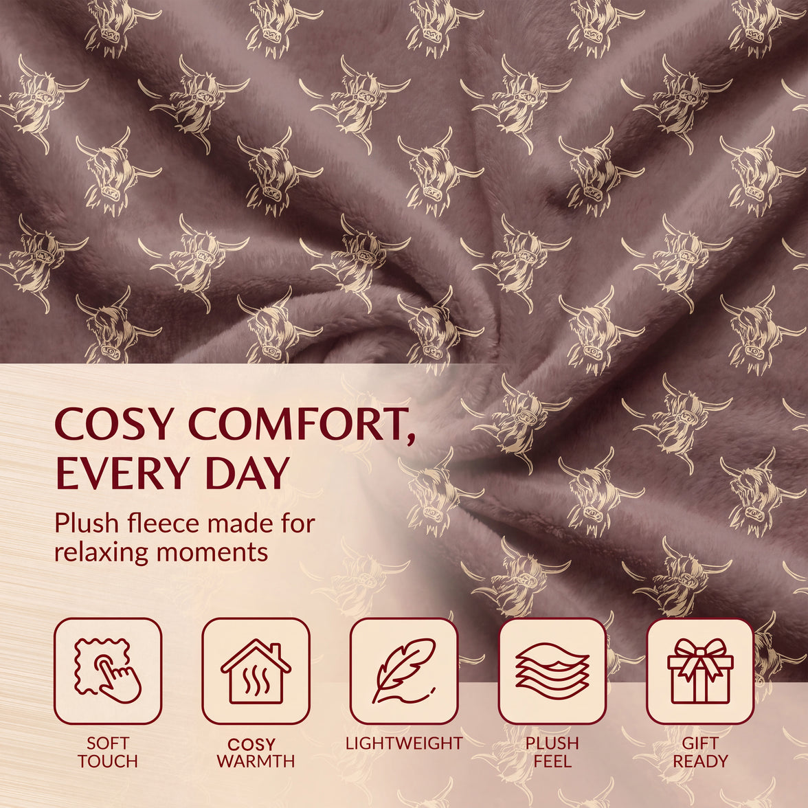 Elf Lane Fleece Throw Blanket Soft Cosy Highland Cow Christmas Gingerbread Design Blanket for Sofa & Bed Warm 120 x 150 cm