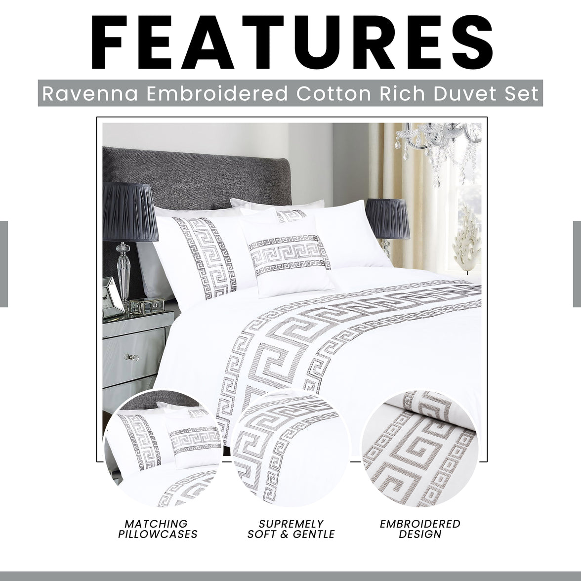 OLIVIA ROCCO Ravenna Greek Key Embroidered Duvet Cover Set Cotton Rich with Pillowcases