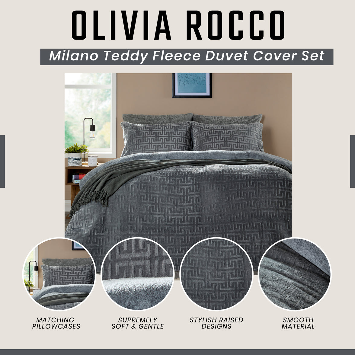 OLIVIA ROCCO Milano Teddy Fleece duvet cover set with matching pillowcases, super soft, warm, and cozy for a comfortable bedroom.