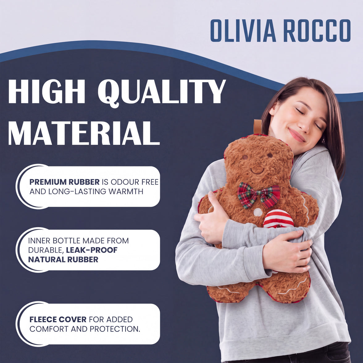 OLIVIA ROCCO Gingerbread Man hot water bottle with a fluffy, soft novelty cover, 1L capacity, perfect for winter warmth.
