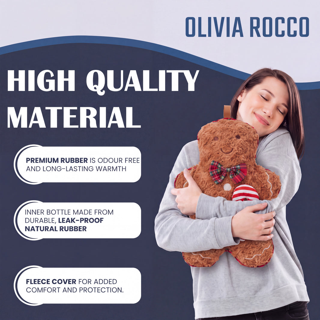 OLIVIA ROCCO Gingerbread Man hot water bottle with a fluffy, soft novelty cover, 1L capacity, perfect for winter warmth.
