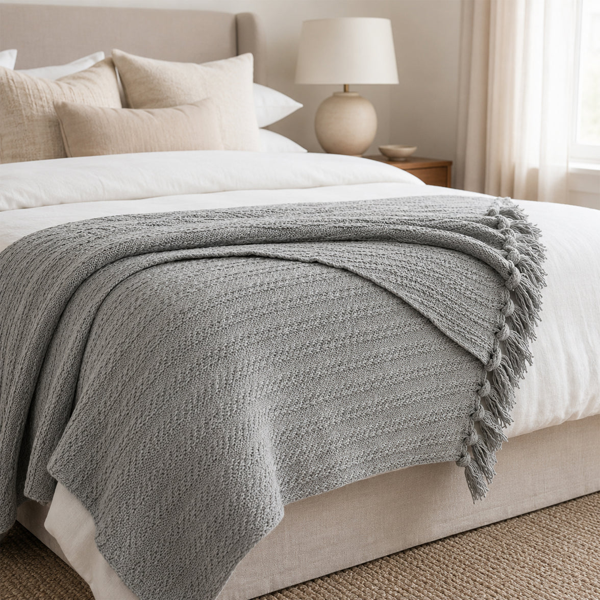 OLIVIA ROCCO Cable Knit Cotton Throw Tassel Fringe 120 x 150 cm