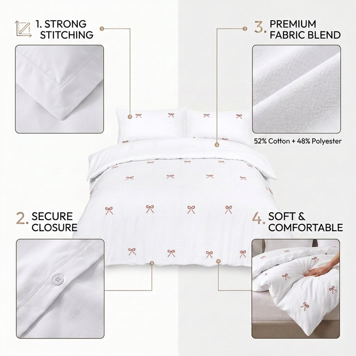 OLIVIA ROCCO Bows Embroidered Duvet Cover Set Cotton Rich With Pillowcases Easy Care