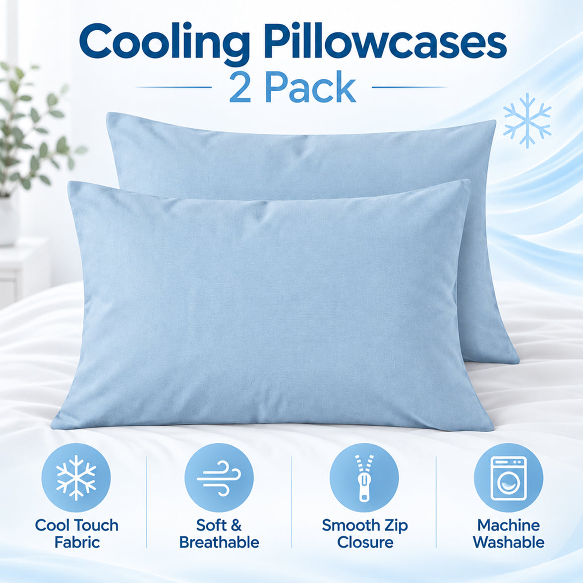 Cooling pillowcases 2 pack on a bed: cool-touch fabric, soft and breathable, smooth zip closure, machine washable