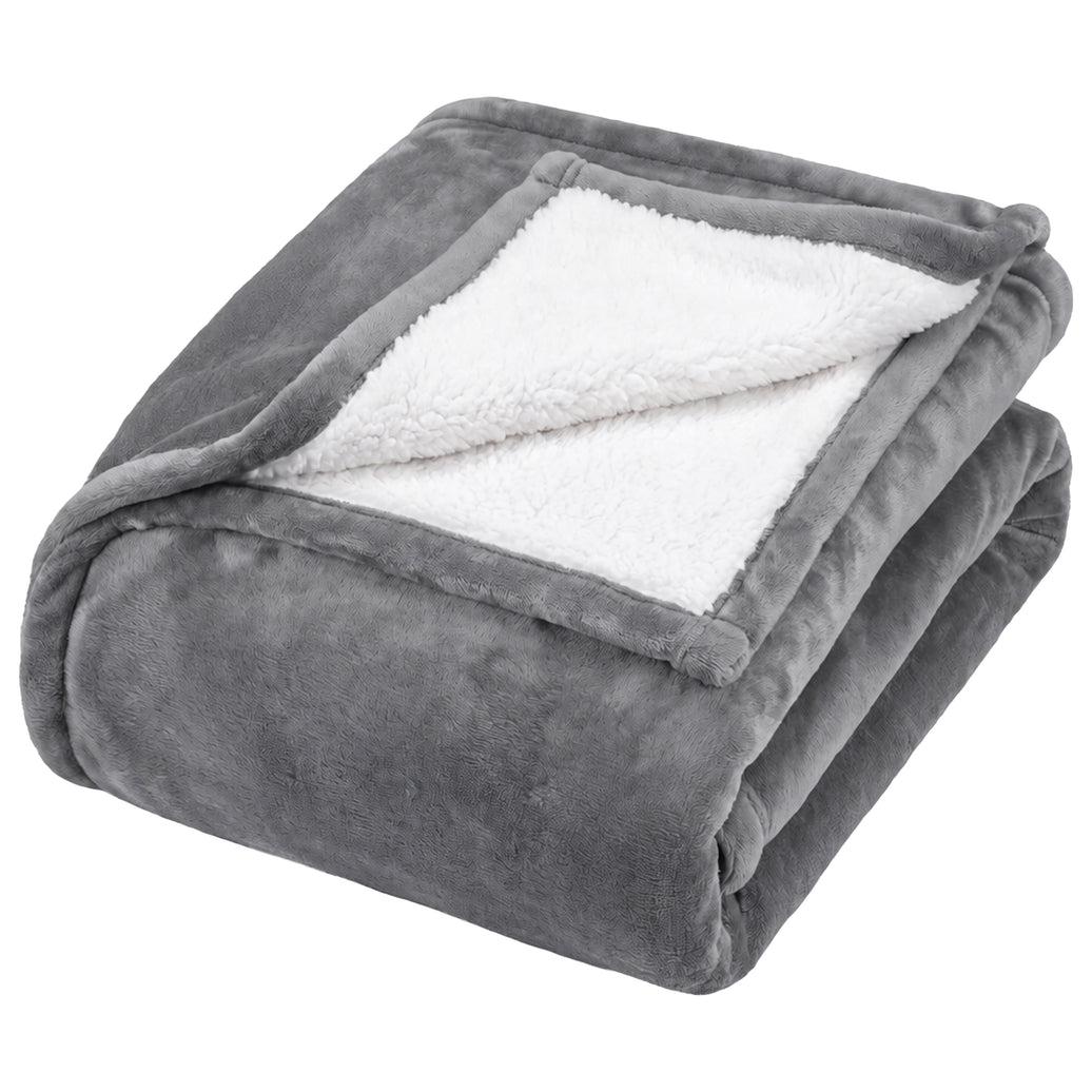 Grey Heatwave self heating blanket folded to show the white sherpa fleece reverse