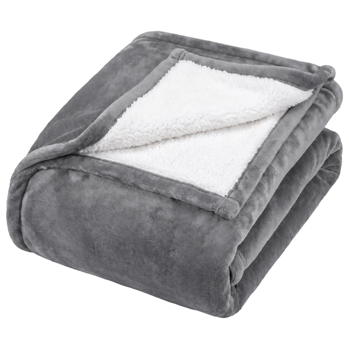 Grey Heatwave self heating blanket folded to show the white sherpa fleece reverse