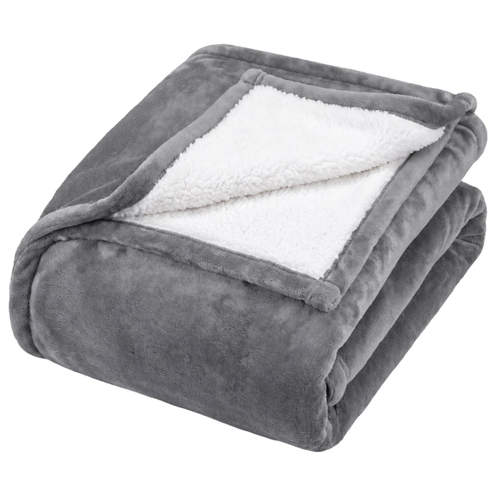 Grey Heatwave self heating blanket folded to show the white sherpa fleece reverse