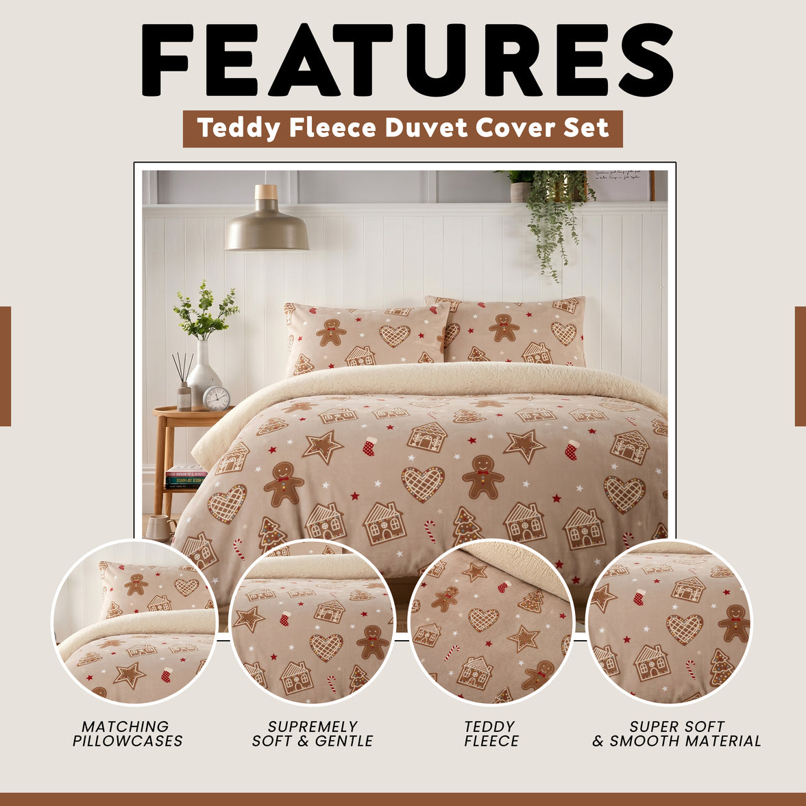 OLIVIA ROCCO Ginger Bread & Candy Canes Teddy Fleece Reversible Duvet Set with Pillowcases