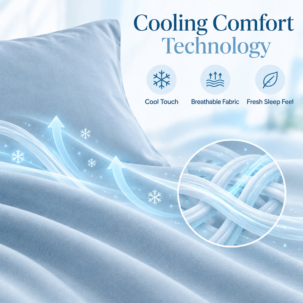 Close-up of cool-touch pillowcase fabric showing its breathable cooling comfort