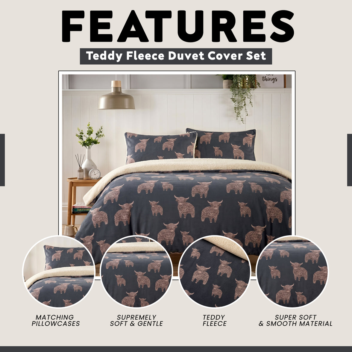 OLIVIA ROCCO Highland Cow Teddy Fleece Reversible Duvet Set with Pillowcases