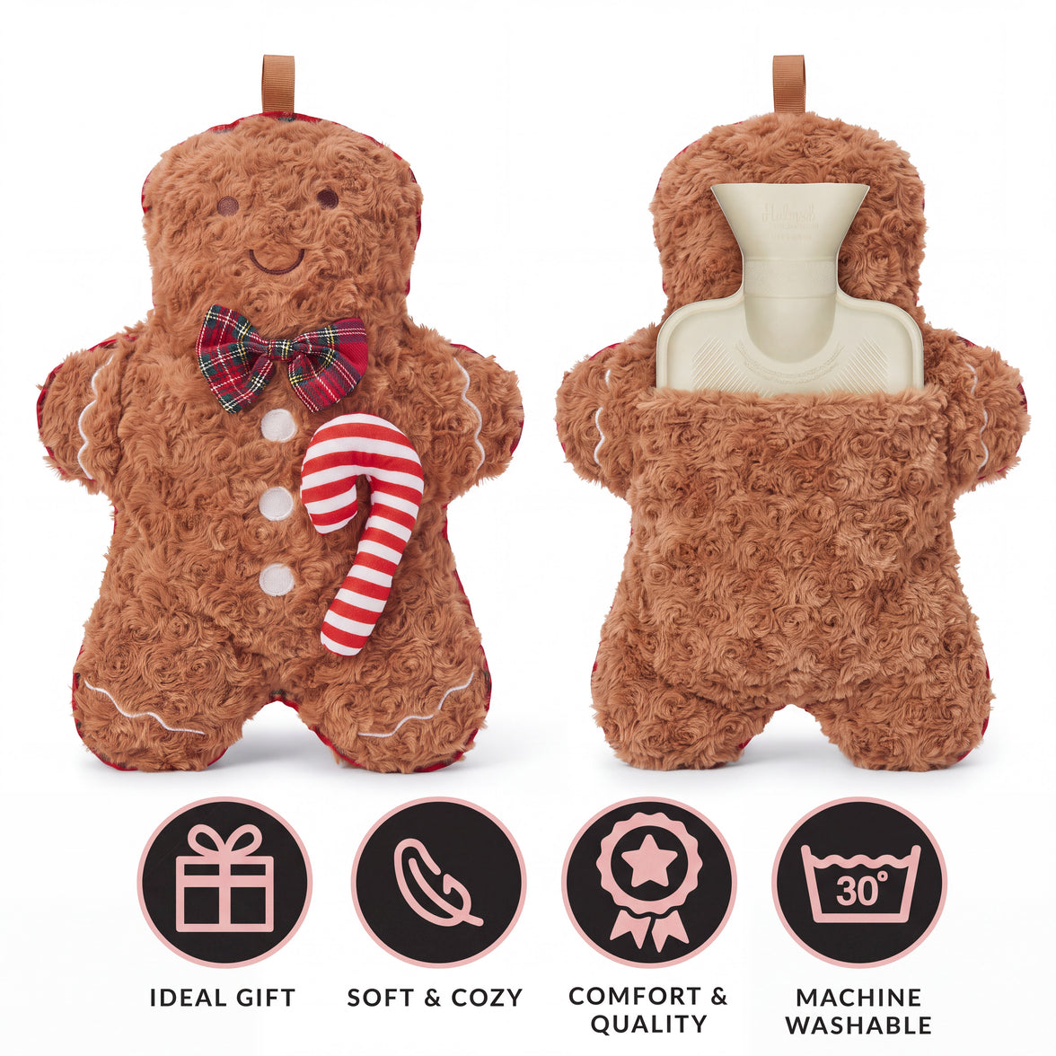 OLIVIA ROCCO gingerbread man hot water bottle with fluffy cover, 1L, cozy winter essential, soft and easy-care for warmth.