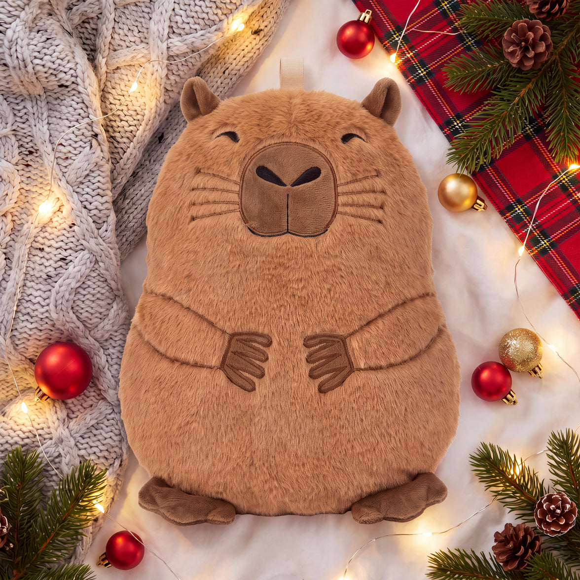 OLIVIA ROCCO Capybara hot water bottle with fluffy, soft cover, 1L capacity, perfect for winter warmth and comfort.