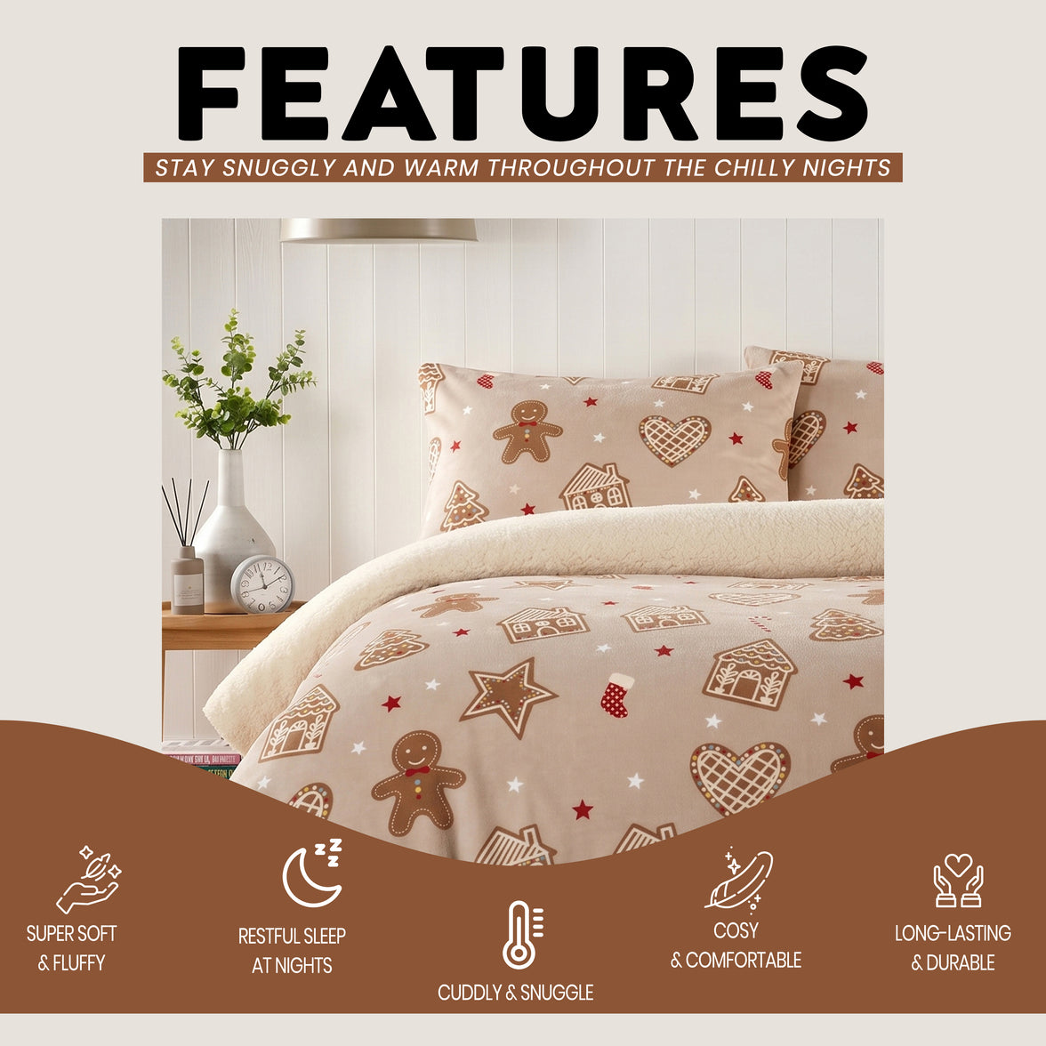 OLIVIA ROCCO Ginger Bread & Candy Canes Teddy Fleece Reversible Duvet Set with Pillowcases