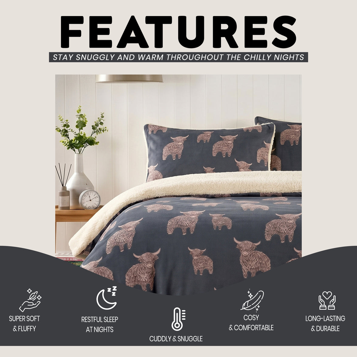 OLIVIA ROCCO Highland Cow Teddy Fleece Reversible Duvet Set with Pillowcases