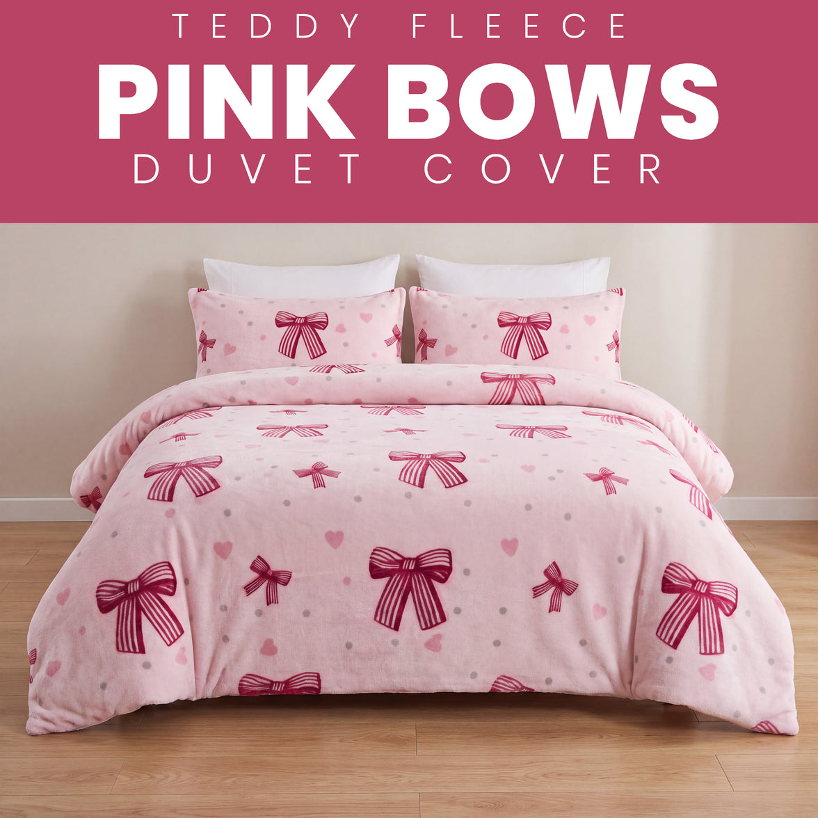 OLIVIA ROCCO Pink Bows Teddy Fleece Duvet Cover Set Soft Cosy Warm Bedding with Pillowcases Single Double King