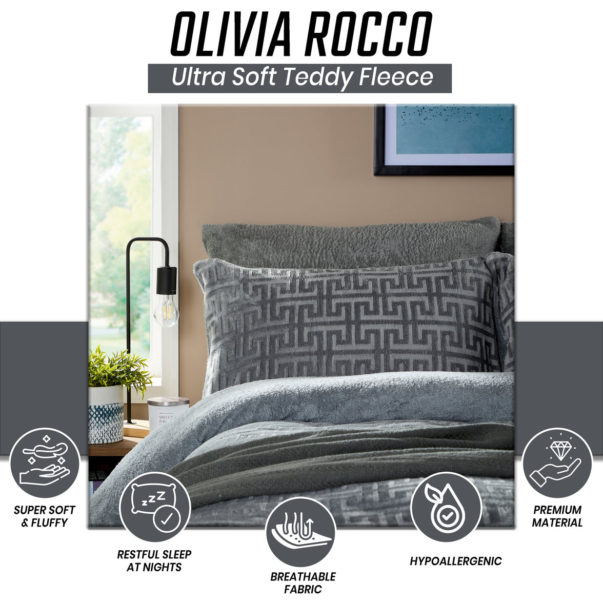OLIVIA ROCCO Milano Teddy Fleece duvet cover set with matching pillowcases, super soft, warm, and cozy bedding in neutral tones.