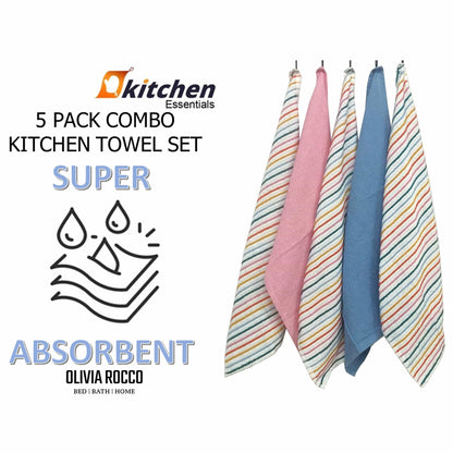 5 Pack Super Absorbent Cotton Kitchen Tea Towels Striped Quick Drying Reusable Ribbed Waffle 45cm x 65cm by OLIVIA ROCCO OLIVIA ROCCO Tea Towel
