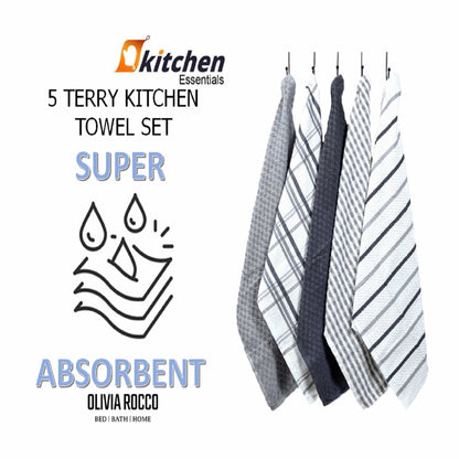 5 Pack Terry Kitchen Tea Towels Cotton Super Absorbent Quick Drying OLIVIA ROCCO Kitchen Tea Towels