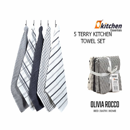 5 Pack Terry Kitchen Tea Towels Cotton Super Absorbent Quick Drying OLIVIA ROCCO Kitchen Tea Towels