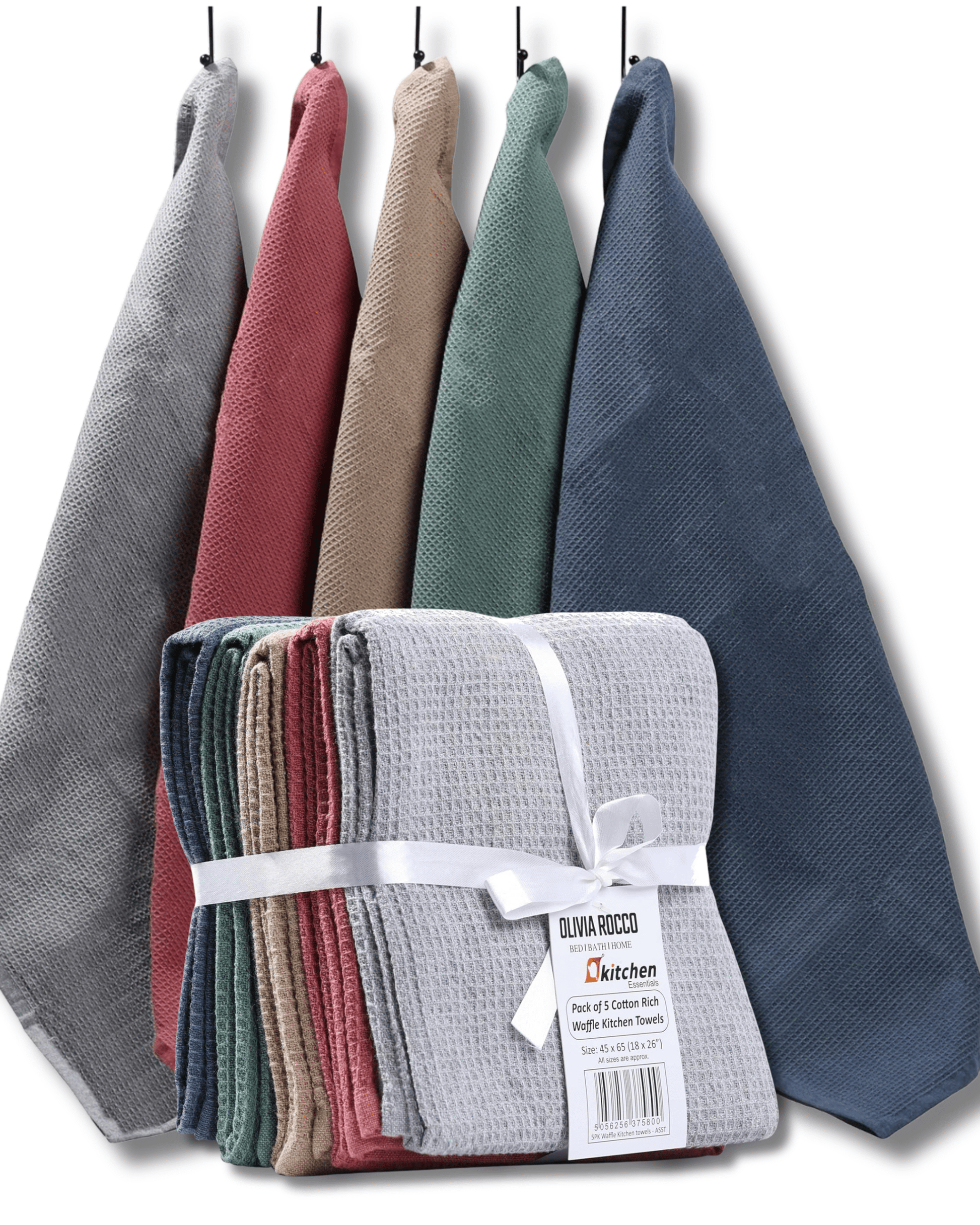 5 Pack Ultra Absorbent Waffle Kitchen Tea Towels High-Quality Soft Cotton Assorted Colours Durable for Home and Catering Use by OLIVIA ROCCO ASSORTED Tea Towel