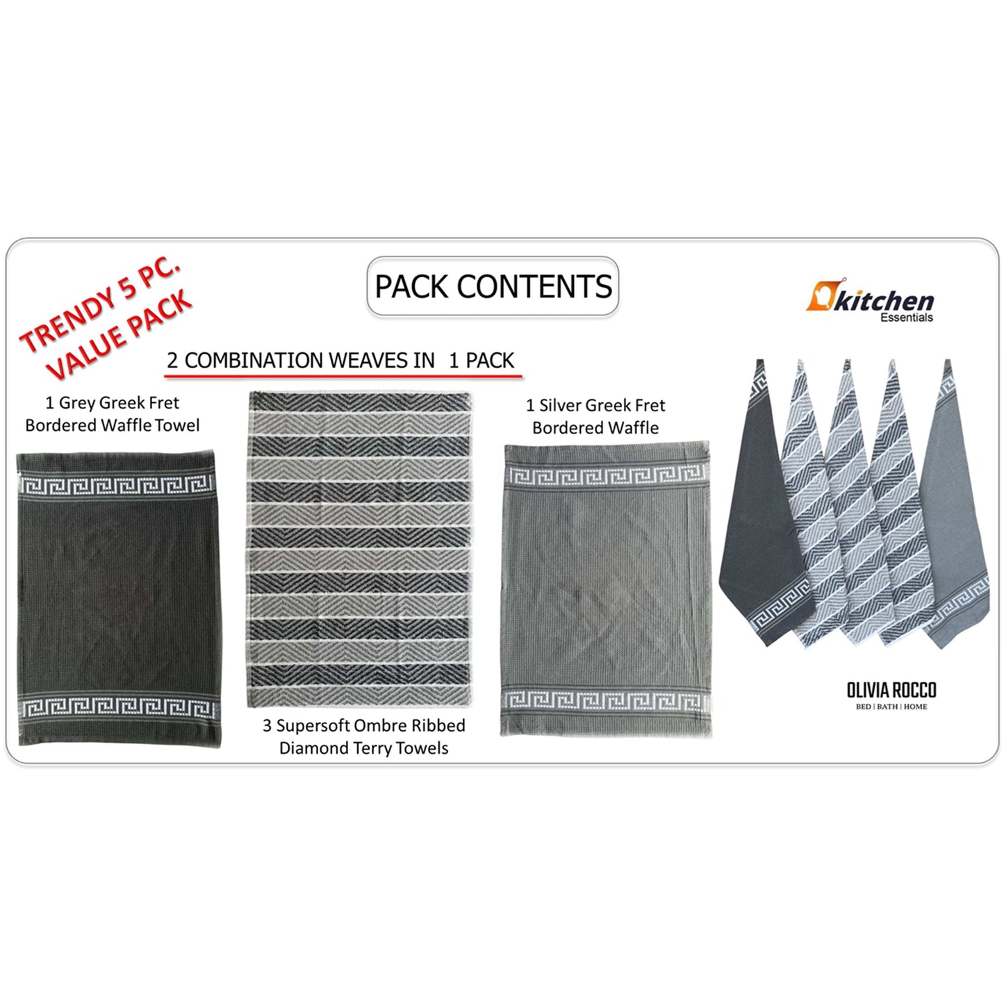 5 Pack Venice Tea Towels 100% Cotton Premium Super Absorbent Quick Drying Soft Kitchen Dish Cloth Set by Olivia Rocco Tea Towel