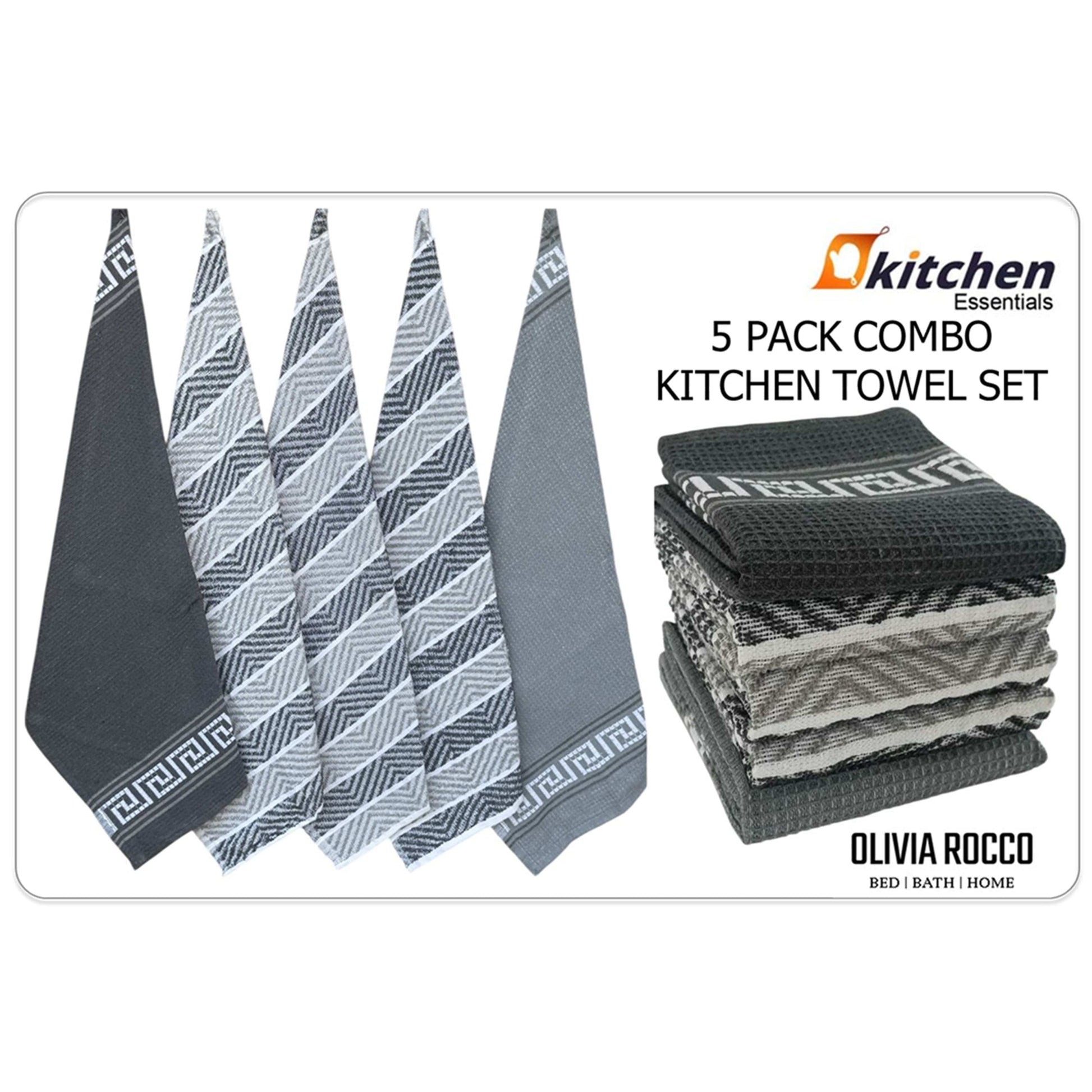 5 Pack Venice Tea Towels 100% Cotton Premium Super Absorbent Quick Drying Soft Kitchen Dish Cloth Set by Olivia Rocco Tea Towel