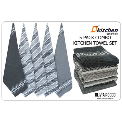 5 Pack Venice Tea Towels 100% Cotton Premium Super Absorbent Quick Drying Soft Kitchen Dish Cloth Set by Olivia Rocco Tea Towel