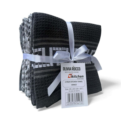 5 Pack Venice Tea Towels 100% Cotton Premium Super Absorbent Quick Drying Soft Kitchen Dish Cloth Set by Olivia Rocco Tea Towel