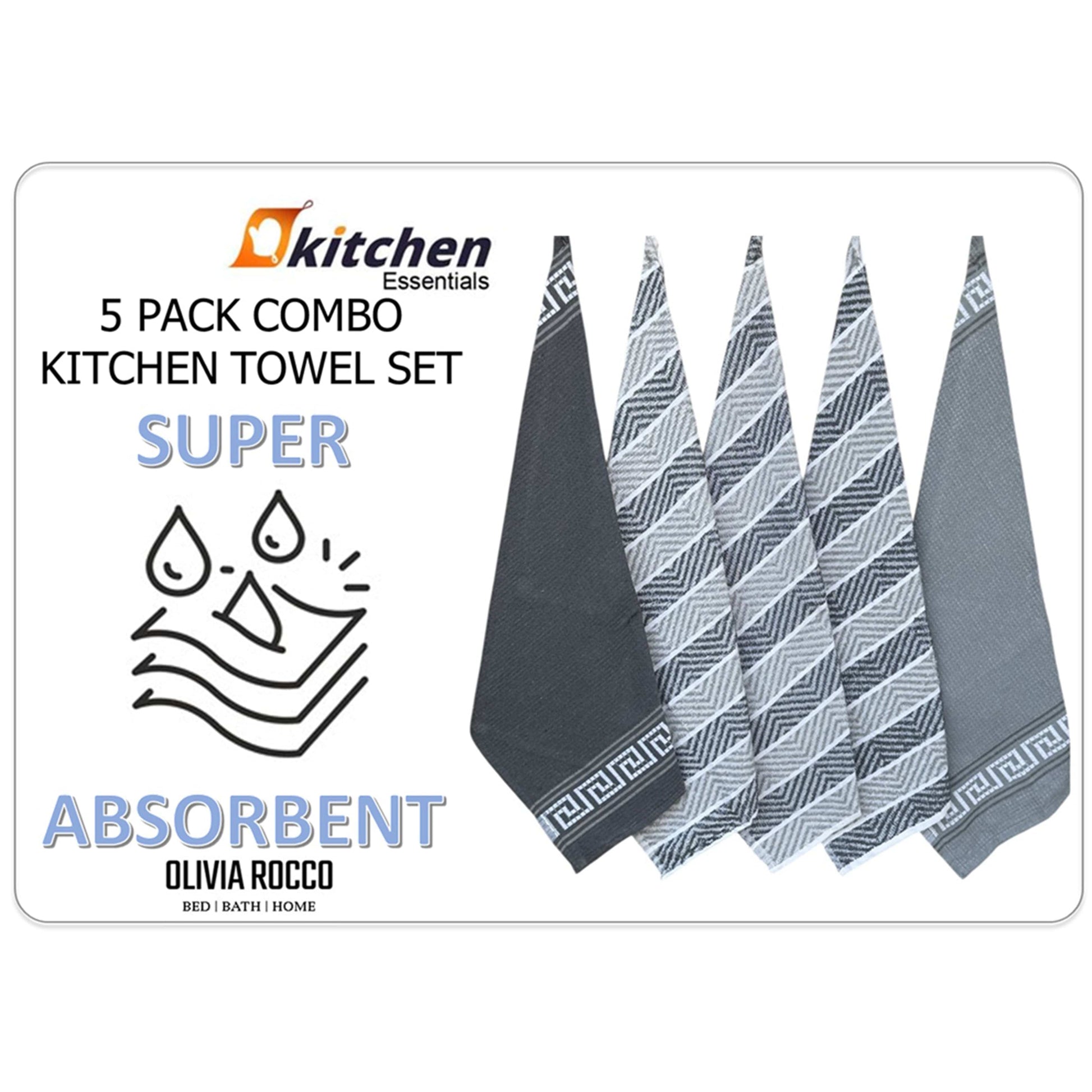 5 Pack Venice Tea Towels 100% Cotton Premium Super Absorbent Quick Drying Soft Kitchen Dish Cloth Set by Olivia Rocco Tea Towel