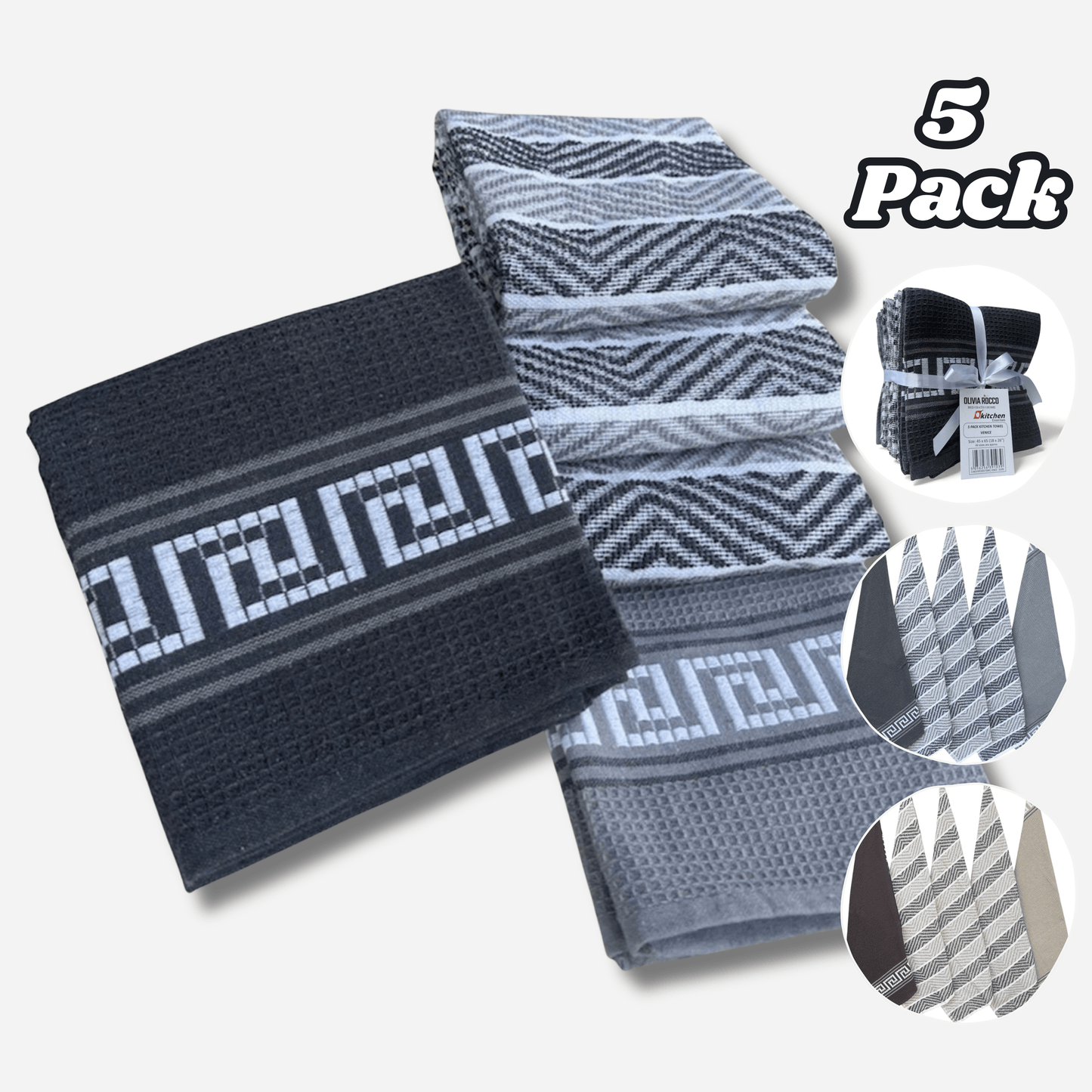 5 Pack Venice Tea Towels Cotton Premium Super Absorbent Quick Drying Soft Kitchen Dish Cloth Set by OLIVIA ROCCO Tea Towel