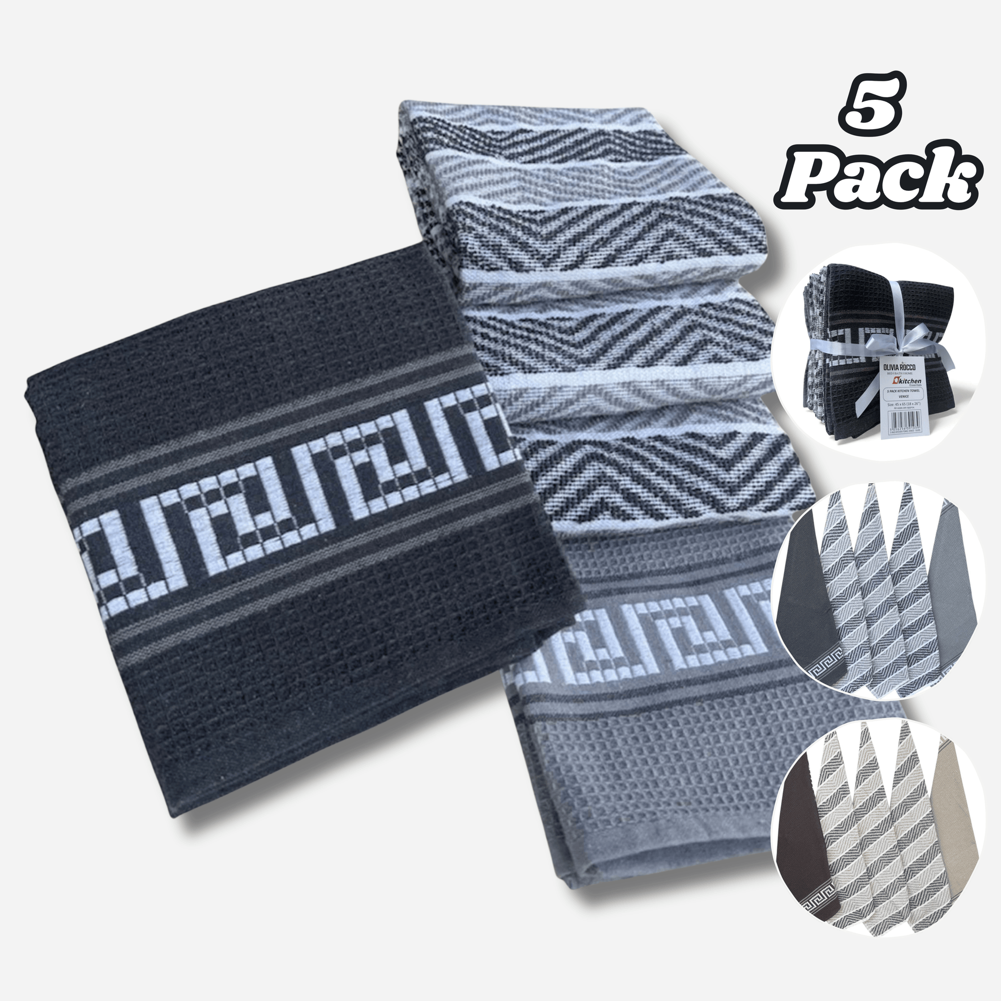 5 Pack Venice Tea Towels Cotton Premium Super Absorbent Quick Drying Soft Kitchen Dish Cloth Set by OLIVIA ROCCO Tea Towel