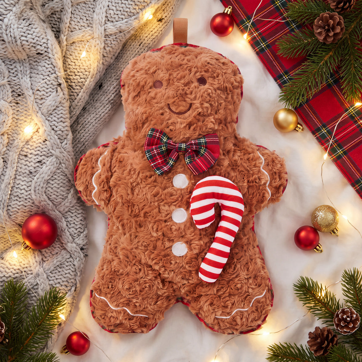 OLIVIA ROCCO Gingerbread Man hot water bottle with a fluffy, soft novelty cover, 1L capacity, perfect for winter warmth.
