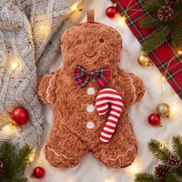 OLIVIA ROCCO Gingerbread Man hot water bottle with a fluffy, soft novelty cover, 1L capacity, perfect for winter warmth.